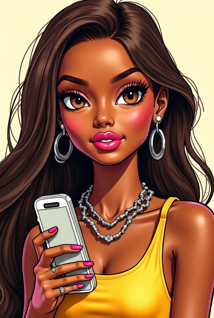 woman with long black power hair and blacks, thick and pink lips, dark shaped eyes, broad face, woman with cell phone in hand, styled, Disney movies