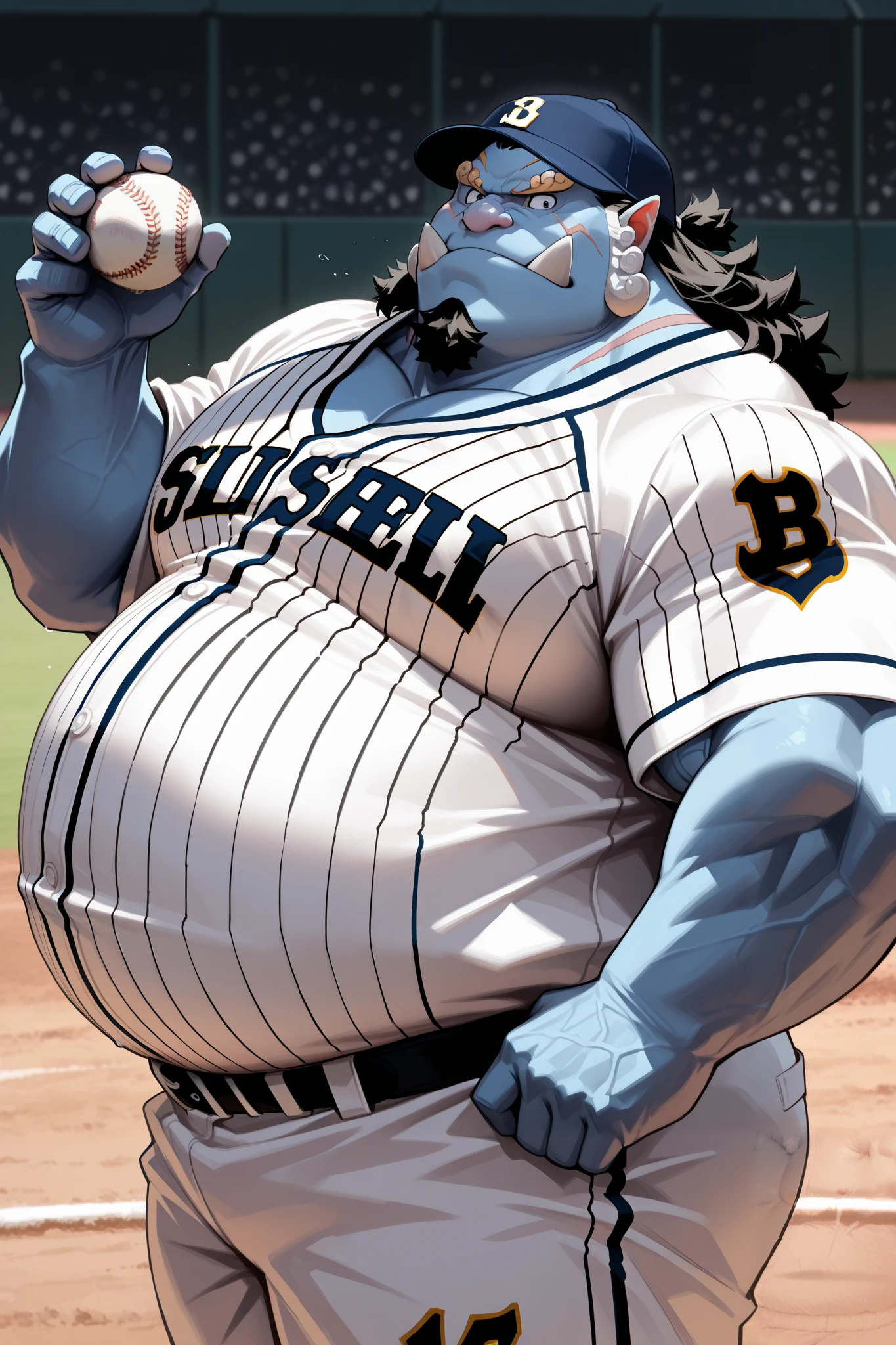 solo, chubby jinbe, big belly, fay, happy, side chest, Stand slightly sideways, side angel, shirtless, very huge pectoral, shorts, baseball, jersey, baseball fields, pitcher, playing baseball, jersey, baseball hat, detailed face:1.3, eyes, wide shoulder, thick arms, wide pectoral, muscle, short hair:1.2, masterpiece, semirealistic:1.2, high detailed, 8k, high resolution