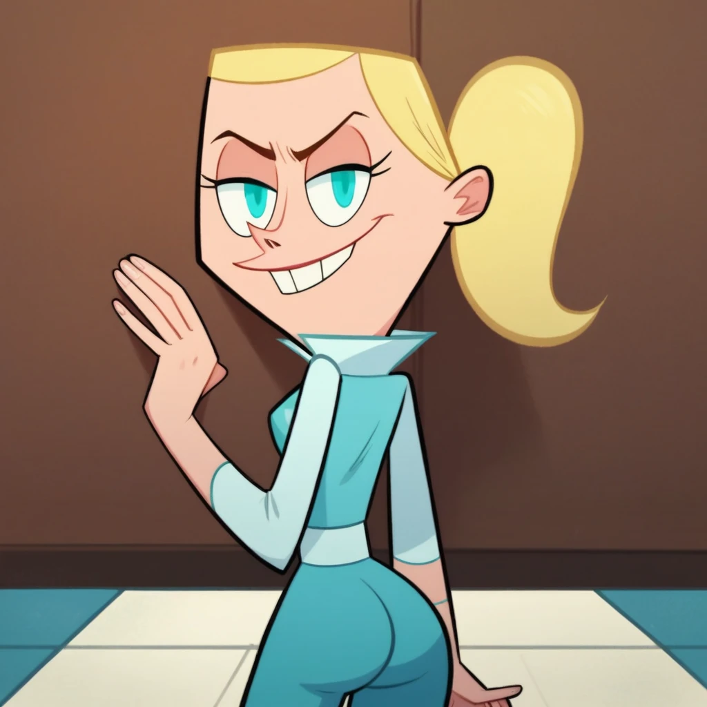 masterpiece, best quality, 1 girl, Charlotte Pickles, blonde hair, ponytail, cosmetic, office suit, simple background，back view，Huge butt exposed，Head looking into the camera，A lewd expression，A boy is talking to this girl，The boy looked at the girl