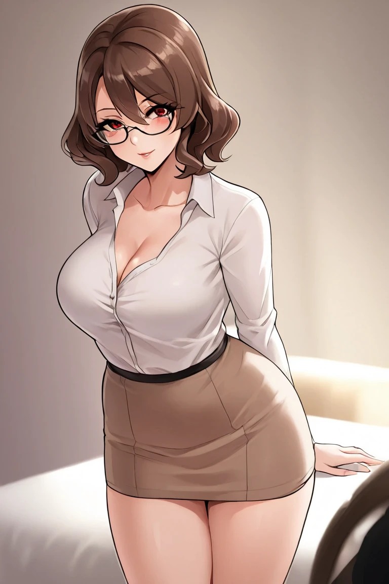 1girl, light brown hair, round glasses, gigantic breasts, cleavage, wide hips, big ass, thick thighs, teacher, tight black pencil skirt, tight white shirt, open shirt, black lace trim stockings and garter belt, black lace bra visible under shirt, black high heels, teasing smile, sitting on desk, crossed legs, masterpiece, high quality,