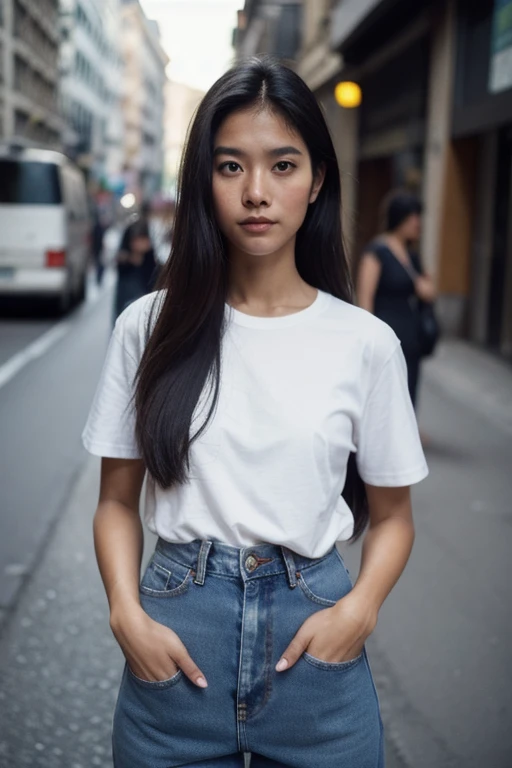 Thai women, Leaner figure、View the viewer, Long Hair, v neck white shirt, jeans, cloud, Day, null,Outdoor, Post-apocalyptic, France, scenery, wood, water,High resolution, Anatomically correct, Highest quality, Close-up, 