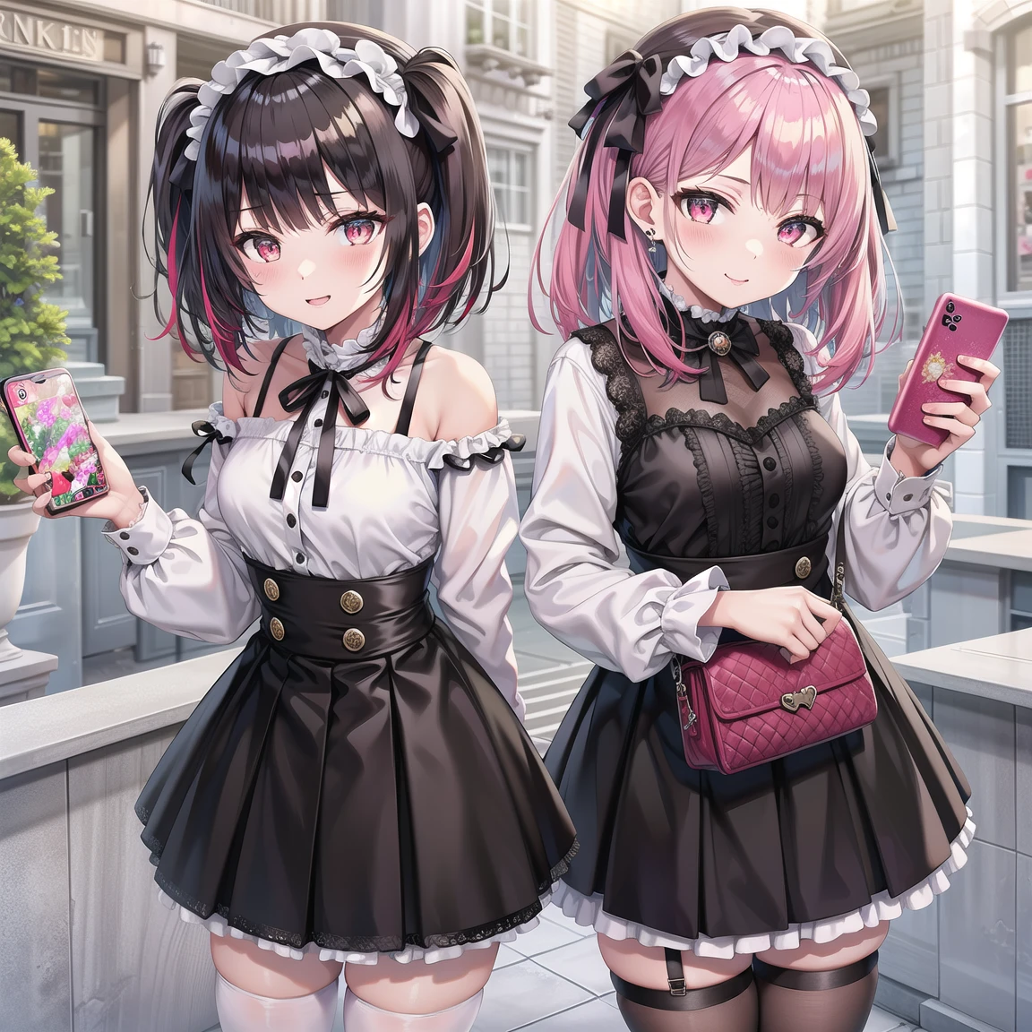 Best Quality, Masterpiece, Extremely Detailed, High Resolution, 4K, Ultra High Resolution, Detailed Shadows, Perfect Light and Shadow, Two Girls in Costumes Taking Selfies on the Street, Colorful Braids, Anime Role Play, Anime Style Mixed Fujifilm, Big Breasts, Cute, Laugh,