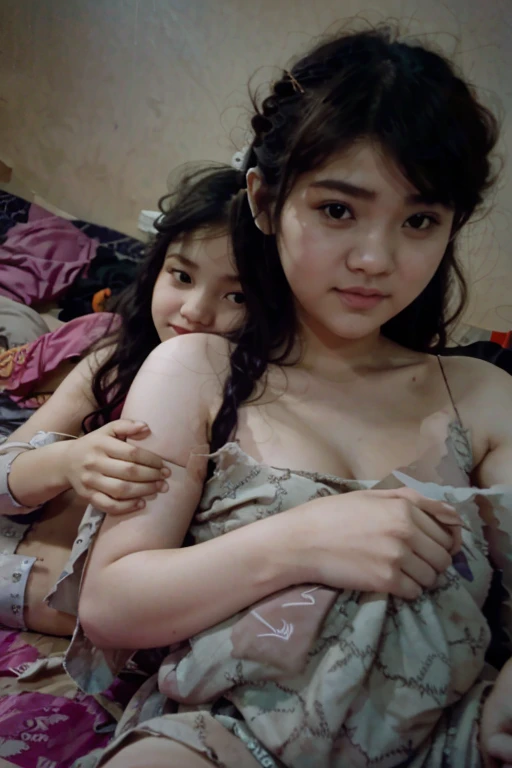 1 Family, Potrait of 3 wife Indonesian-asia girl,1 Indonesian boy (24 years old(husband)),cowok di tengah merangkul Harem (Polygamy),  fit body, bbw body,sexy model,curve body,shap body,smile, pake bikini,merah,ungu,kuning,biru,silver,oren, sedang di hotel  saling merangkul,pregnant