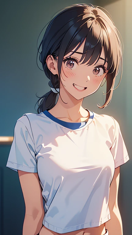 ((masterpiece,Highest quality:1.3,best quality illustration,realistic)),cowboy shot,独奏,1woman,(Age 25、Japanese Beauty)、brown hair,long hair,center parted bangs,brown eyes,gorgeous eyes,((very small head:1.3)),blush,shy,smile,((very long body:1.2,skinny)),medium breasts,(tan skin:1.4), (gleaming skin,toned body,slender body),sweat,(White sleeveless polo mini dress),walk、Alley、Tokyo、
