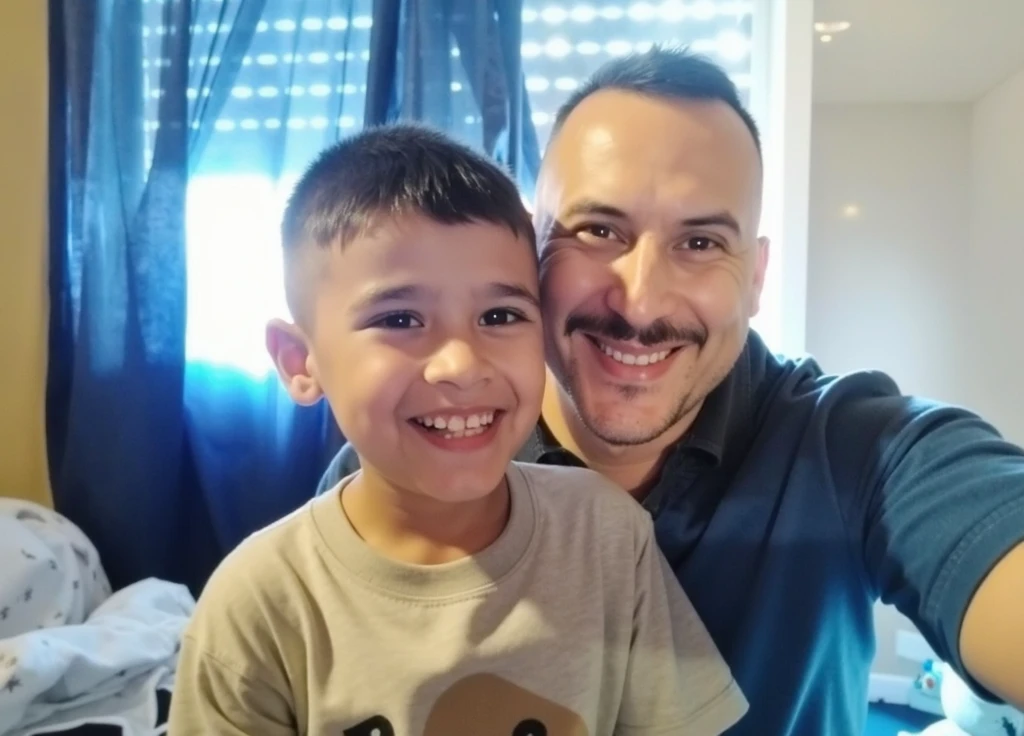 Man sitting at a table with a child on his shoulders, with a kid