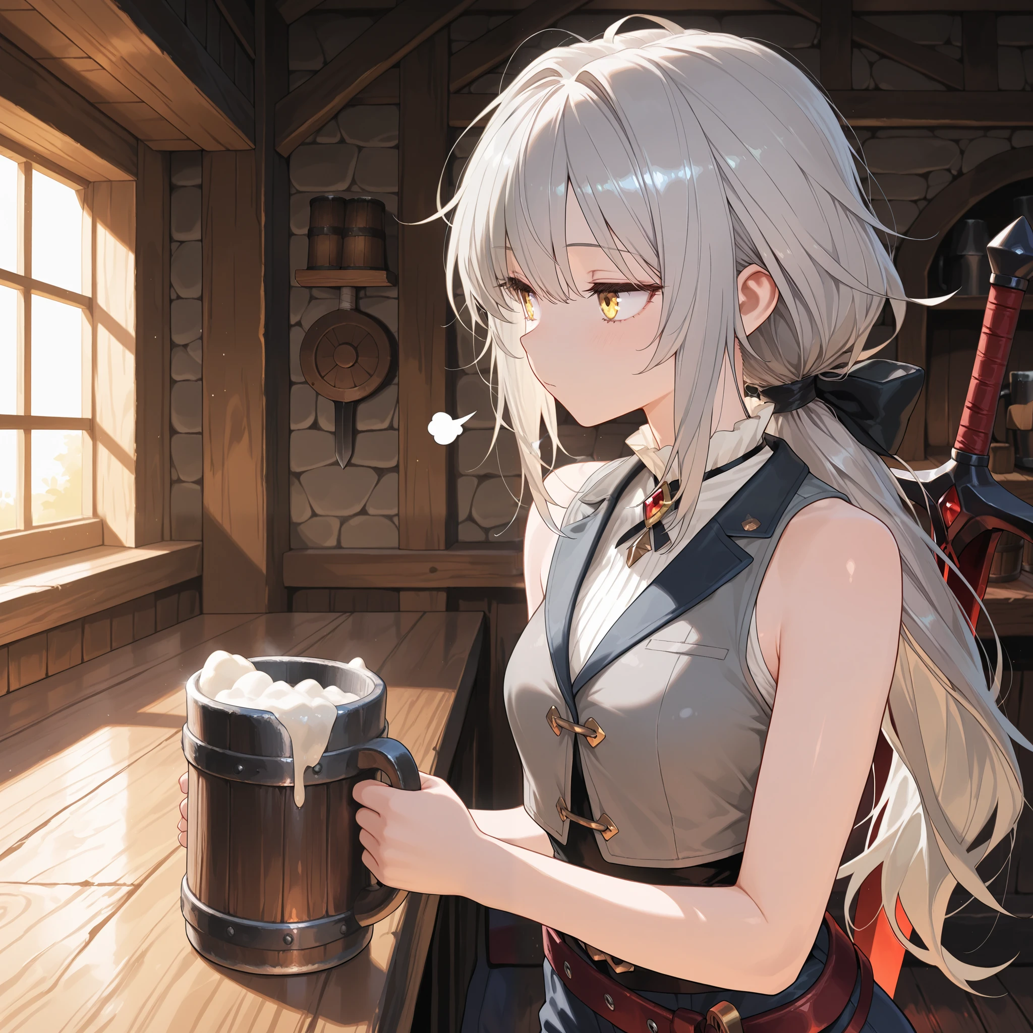 (masterpiece:1.2, Best Quality), (finely detailed beautiful eye: 1.2), (beautiful detailed face), solo, comic strip, upper body, looking to side, lookin away, standing, close up, messy hair, yellow eyes, holding tankards, sigh, long hair, gray hair, low ponytail, light skin, yellow eyes, gray sleeveless vest with white frill trim,thin, light gray sleeveless shirt, dark blue trousers, thin legs, thin thighs, dark red swordbelt, sword sheathe, sword pommel, tavern background,