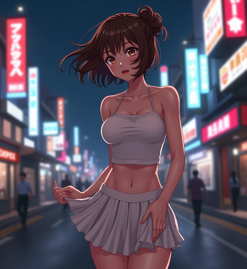 (8K, Best quality, Masterpiece:1,2), (Realistic, photo-realistic:1,37), Top quality, Masterpiece, 1 girl,V-neck white T-shirt,Mini skirt,Red skirt,Socks,(dual horsetail),Beautiful and toned body, cleavage, Floral mini skirt, walking in the suburbs, Night background with light rain, In a store with a Korean-style shop light, Night atmosphere, tar roads, Seductive smile with dimples, Anime style,