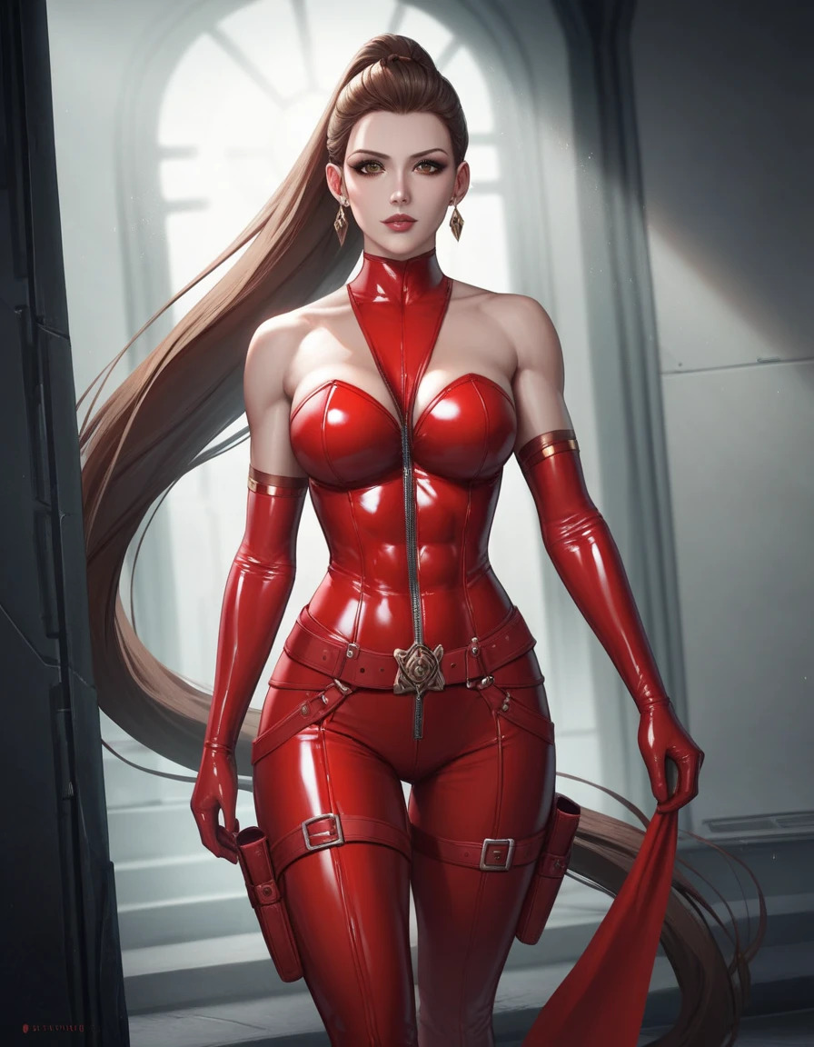 digital painting, 1girl, woman, rough digital painting, (full body:1.25), 1girl, solo, [:creative costume design,:0.2] mystic, korean, bombshell gold hair, Cornrows, (slim:1.3) build, simple background, jrpg character concept art, bombshell hair, brown hair, Mohawk Braid, muscular hips, muscular legs, wide hips, narrow waist, abs, large breasts, caucasian, in a robotic workstation<lora:EnvyTritoneXL01 Red-Black-White:1.4>