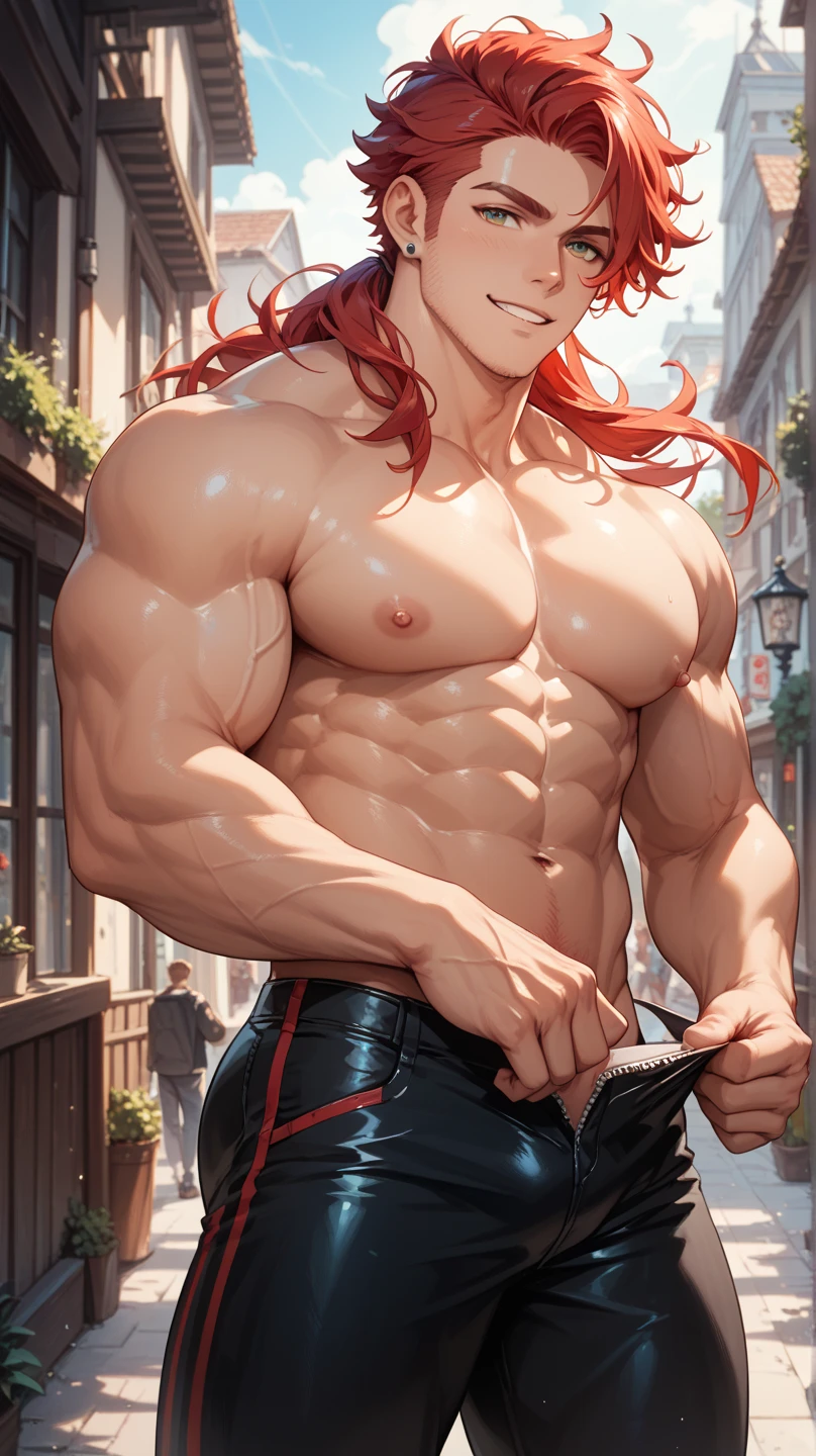 sweaty, masterpiece, analog style, (((realistic))), (1 man), standing in a Russian steam spa, steamy, (covered in a wet white see-through cloth), muscular, ((((bulge)))), (((pubic hair))), full body shot, head to toe shot, 45 year old transgender, long red hair, Taylor Lautner's nose, Mona Lisa smile, (((Puffy Lips))), facing viewer, (((face beautiful:1.5))), (feminine), shapely, trim waist, hips, (((muscle body))), muscle ass, cyclist thighs, ((man-boobs)), defined extra large nipples, (((extra large circular areola))), ((1 male genitalia, bulge)), cinematic lighting, shirtless, ((sexy)), (((NSFW))) Cinematic lighting, Masterpiece, RAW photo, Intricate details, hdr, (Best quality, A high resolution, Photo realistic), (8k, Foto RAW, extremely high quality), best quality, extremely detailed CG Unity 8k wallpapers