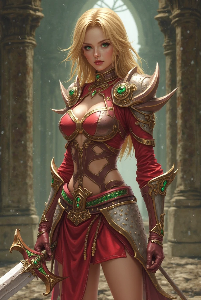 Game theme World of Warcraft Image of a female elf ,beautiful and gorgeous elf age 32 with Blonde hair standing holding two favorite Bright Green Short Daggers one in each hand ,blood elf Assassin Wow, wide hips, narrow waist, gigantic breasts, Long elf ears, glowing green eyes, Red Light female Assassin Armor with emeralds , Red Pauldrons, Red skull Pauldron with emeralds, Gold and Red Chestpiece, Red and black Gauntlets, Black tabard, dramatic tones. A masterpiece with the highest resolution. , Surrealist image type