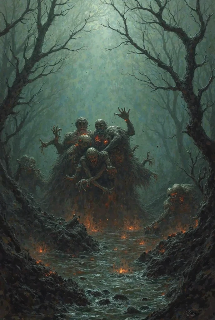 african american black zombies, gory, gore, 2 black zombies, no flesh, skull exposed, bones, bones exposed, ribs, ribs exposed, crawling out of dirty water, blue and black viens, swamp background, gore, gory, wet, moist, night, 4k resolution, blood, bloody, creepy, dirty, holes in zombie skin, red tones, 8k uhd