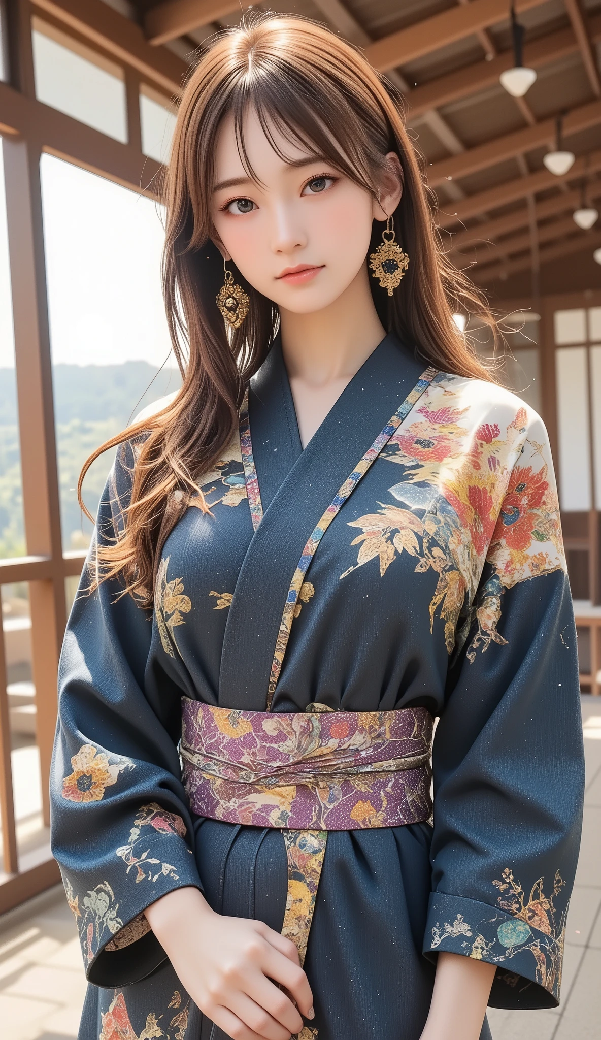 Woman holding a Japanese umbrella , Nishijin Textile Kimono , Japanese painting style , BEAUTIFUL ANIME STYLE PORTRAIT, Extra , detailed portraits of anime girls , Beautiful Anime Portrait , BEAUTIFUL ANIME WOMAN , digital animated illustration, Anime Style Portrait , Additional Art ,realistic, beautiful anime girl showing naked skin, anime-style digital art , animated illustration, ponytail, Navy Blue Kimono , Background is Sakura Fubuki