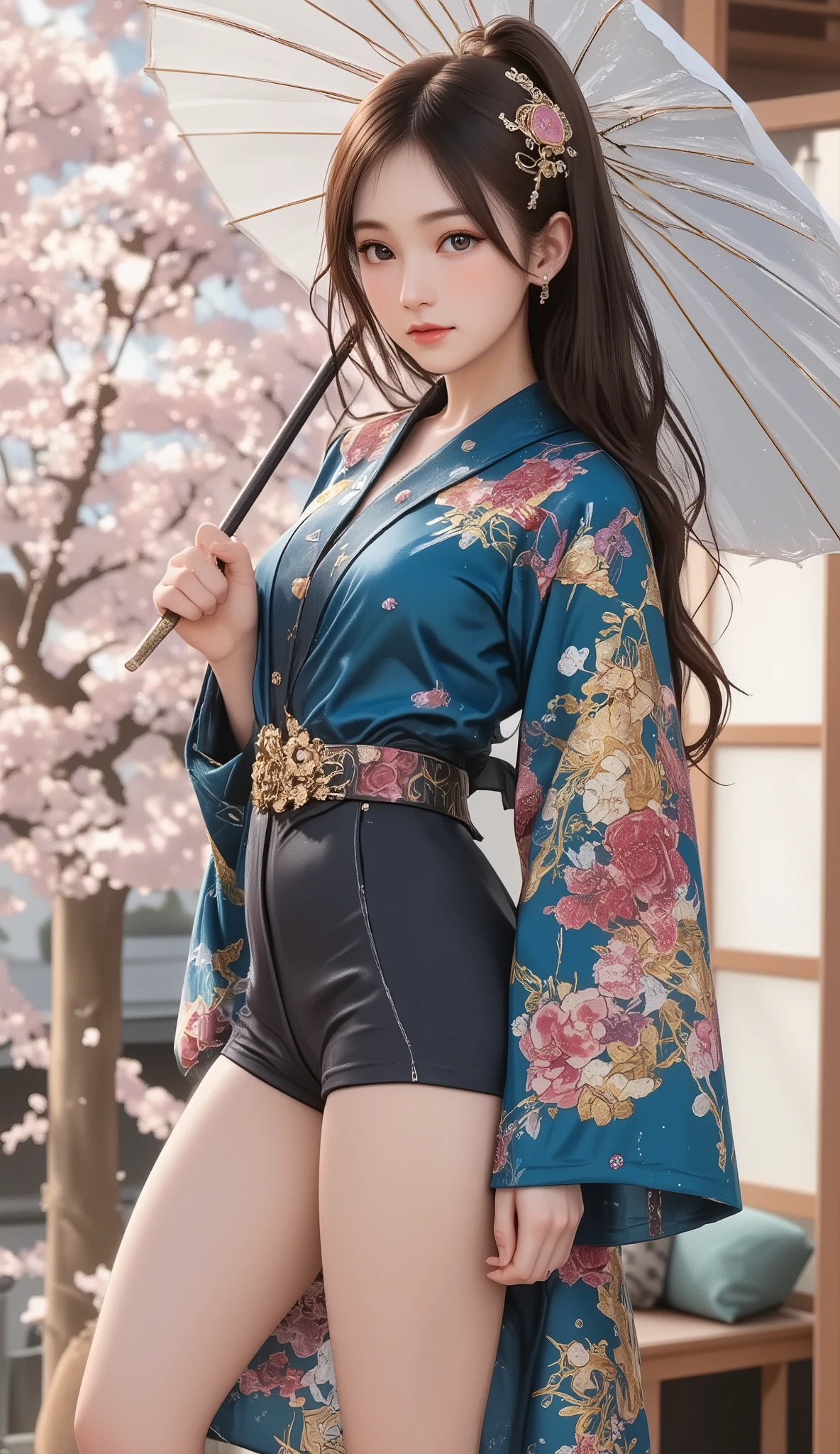 Woman holding a Japanese umbrella , Nishijin Textile Kimono  ,  Japanese painting style , BEAUTIFUL ANIME STYLE PORTRAIT, Extra ,  detailed portraits of anime girls ,  Beautiful Anime Portrait , BEAUTIFUL ANIME WOMAN , digital animated illustration,  Anime Style Portrait  ,  Additional Art ,realistic, beautiful anime girl showing naked skin, anime-style digital art , animated illustration, ponytail,  Navy Blue Kimono , Background is Sakura Fubuki 