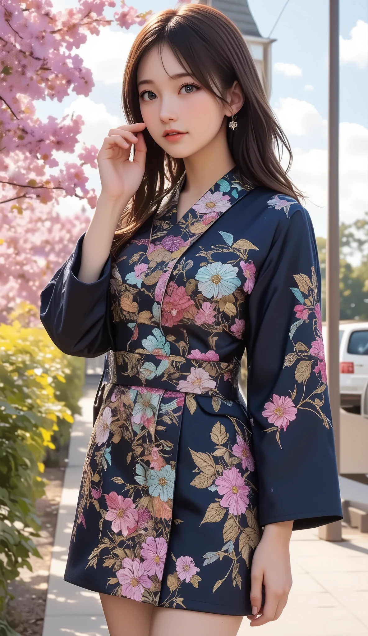 Woman holding a Japanese umbrella , Nishijin Textile Kimono  ,  Japanese painting style , BEAUTIFUL ANIME STYLE PORTRAIT, Extra ,  detailed portraits of anime girls ,  Beautiful Anime Portrait , BEAUTIFUL ANIME WOMAN , digital animated illustration,  Anime Style Portrait  ,  Additional Art ,realistic, beautiful anime girl showing naked skin, anime-style digital art , animated illustration, ponytail,  Navy Blue Kimono , Background is Sakura Fubuki 
