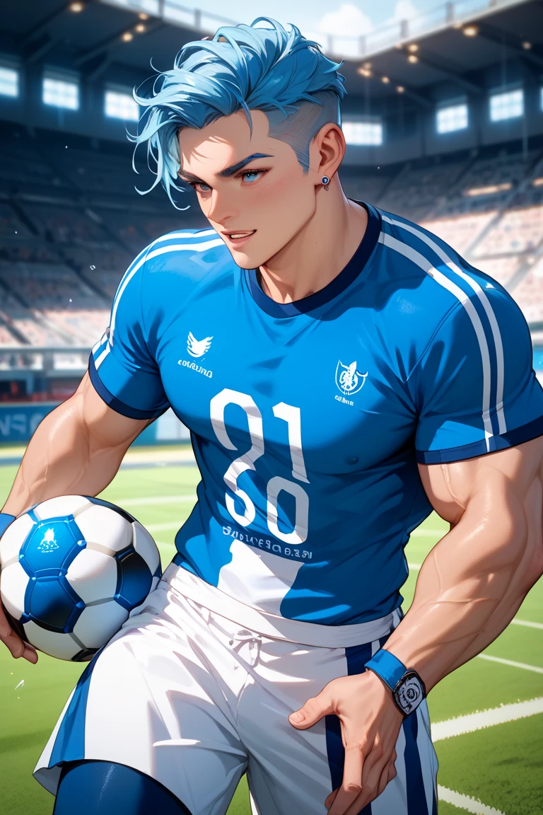 full body view, one young bodybuilded white soccer guy with blue mohawk haircut and shaved around, shirtless, showing off his disproportionately over-inflated pecs and biceps, in blue shiny spandex shorts showing off massive muscled legs , in white filthy stained soccer socks , no shoes, tattooed, silver chains, sitting alone in his white filthy socks on football field, looking happy and exhausted, a stadium full of jubilant spectators, his white socks must be seen