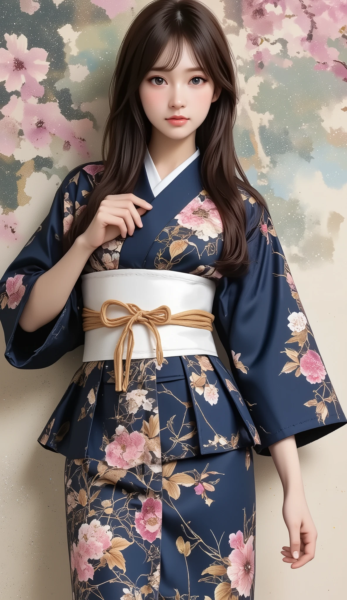 Woman holding a Japanese umbrella , Nishijin Textile Kimono  ,  Japanese painting style , BEAUTIFUL ANIME STYLE PORTRAIT, Extra ,  detailed portraits of anime girls ,  Beautiful Anime Portrait , BEAUTIFUL ANIME WOMAN , digital animated illustration,  Anime Style Portrait  ,  Additional Art ,realistic, beautiful anime girl showing naked skin, anime-style digital art , animated illustration, ponytail,  Navy Blue Kimono , Background is Sakura Fubuki 