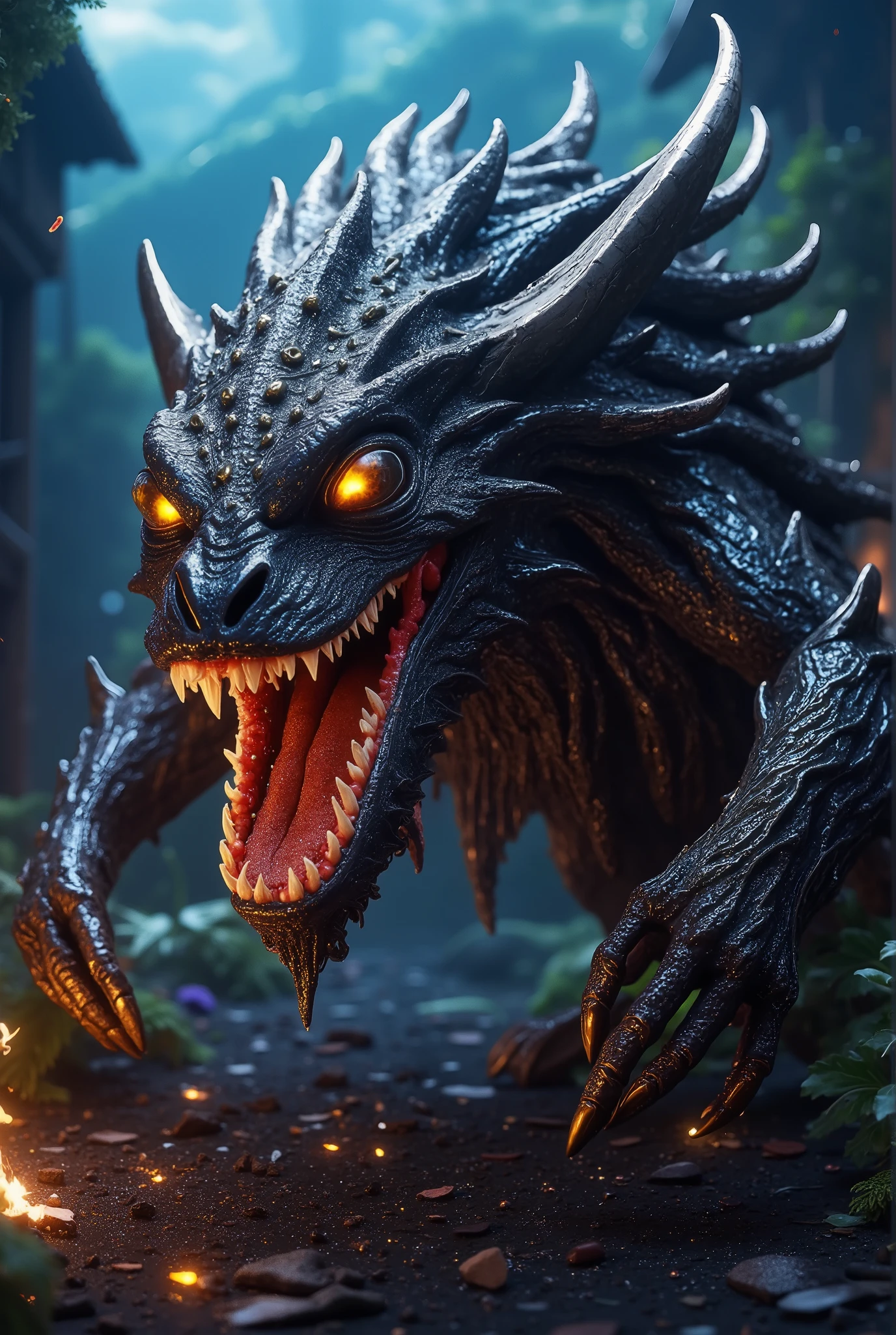 Dargunkul, A species of creature that has huge teeth with an uneven jaw, upper teeth larger and curled, diamond-shaped eyes with white gold drops, eyes black and cloudy, mutant, mutation, deformation body, rib cage resembles a network of curly roots, body body itself is of extraordinary color, legs covered with moss and overgrown branches, habitat blackforest with crumbling coals my, 8k clear, Exactly, Masterpiece, best quality, High quality, Maximum of details, Amazing, beautiful colors, rich colors, fantasy style,