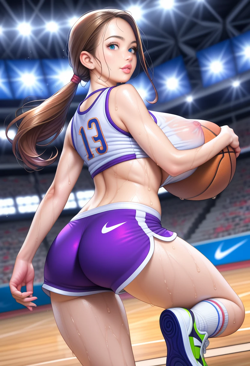 Wearing a basketball uniform, shorts shorts, shorts_aside, pussy,ass Vision,Sweaty, tight clothes,Dolphin Shorts(white-red),Brown skin,Pussy dripping, plug pussy