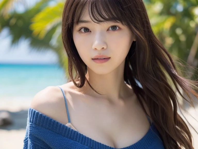 masterpiece, highest quality, 8k, 20th generation, Big Breasts, cute, alone, sad, cute, Girlish,cute 繊細な女の子, cute、Pure beauty, RAW Photos, Professional photography, Portraiture, Soft Light, Professional Lighting, Backlight, Upper Body, avert your eyes, Sophisticated, Film Grain, (Eye and facial details:1.0), Floating Hair, beautiful, Flowing hair, Asymmetrical bangs、(Big Breasts:1.4)、Pastel colored loose sleeveless top、You can see a little bit of her chest.、dolly make、Heterochromia iridis、Outdoor、Summer sky、Cumulonimbus、Sandy Beach、Ocean