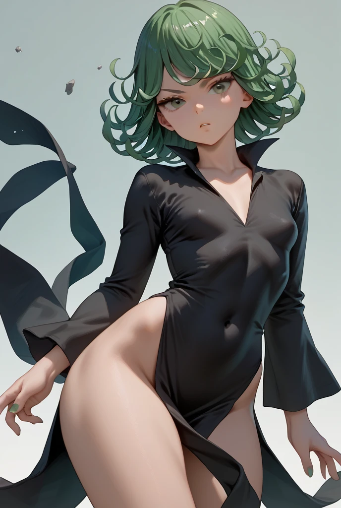 (masterpiece, best quality:1.2), cowboy shot, solo, 1girl, tatsumaki, unamused, closed mouth, looking at viewer, crossed arms, black dress, blue sky, clouds, naked, huge breasts, pussy is showing, thick thighs,