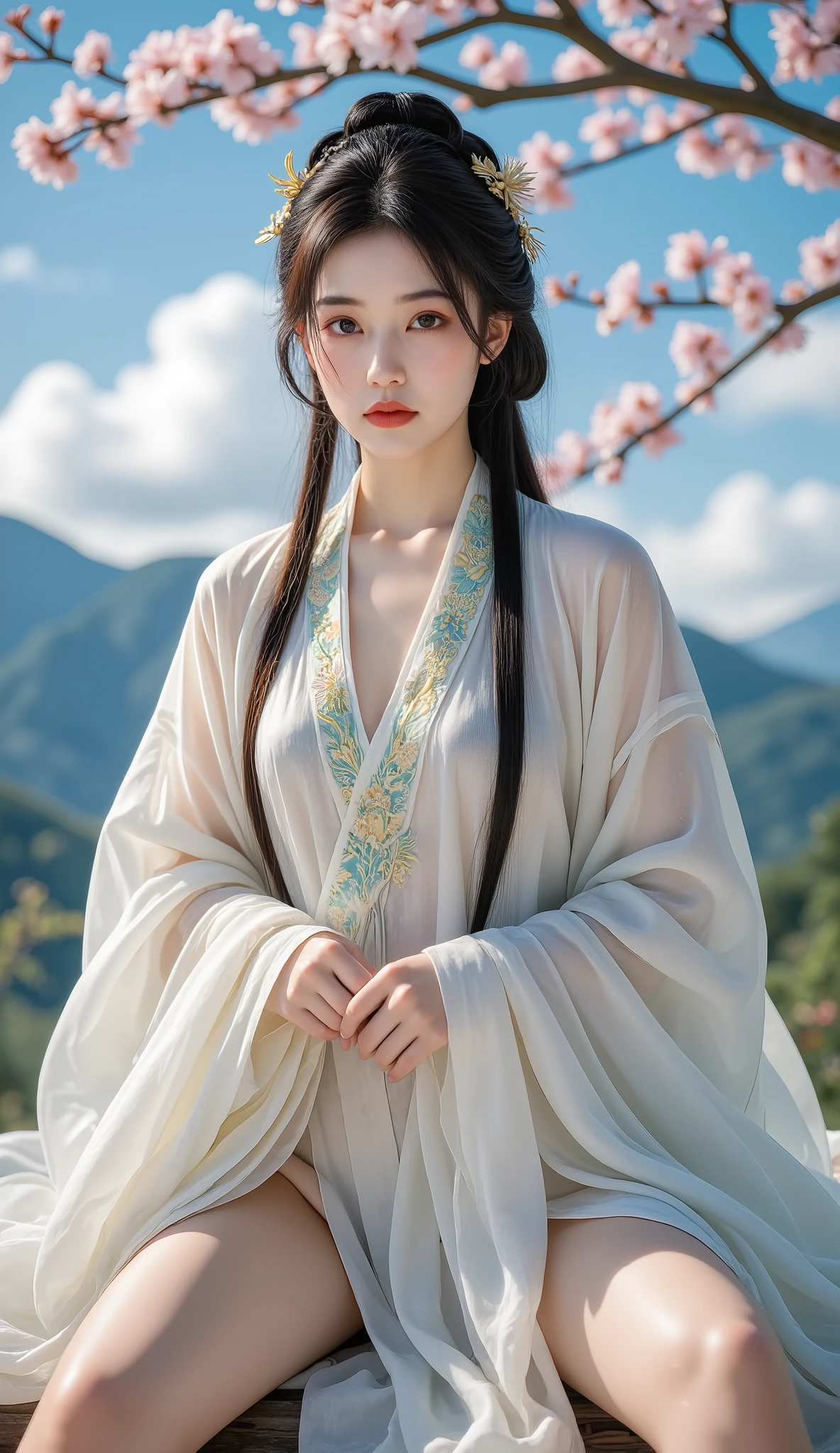 With blue sky and white clouds, Mountains in the Distance ,Pink flowers,Cherry Tree,Hanfu women,Phoenix crown、 exquisite embroidery 、Wearing Hanfu pantyhose、wearing a sleeveless Hanfu 、Transparent underwear is clearly visible、Look at the panties and underwear、 oversized bare breasts 、Raw,( 8,000、Top Quality、 masterpiece:1.8)、(Intricate Details:1.8)、(realism:1.8)、Octane Rendering、intricate 3D rendering ultra detailed, Studio Soft Light, Edge Light, Vivid details, Super Detailed, real skin, Details, beautiful eyes, Very detailed CG Unity 16k wallpaper, cosmetic, (Detailed Background:2.0), radiant skin 、Separate your legs, Camel Toe Showing Thighs !!!