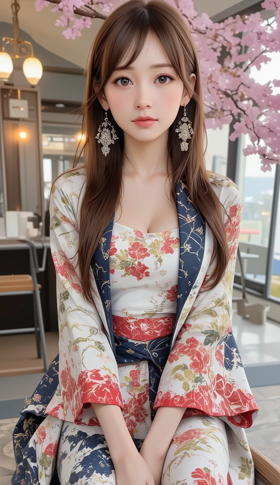 Woman holding a Japanese umbrella , Nishijin Textile Kimono , Japanese painting style , BEAUTIFUL ANIME STYLE PORTRAIT, Extra , detailed portraits of anime girls , Beautiful Anime Portrait , BEAUTIFUL ANIME WOMAN , digital animated illustration, Anime Style Portrait , Additional Art ,realistic, beautiful anime girl showing naked skin, anime-style digital art , animated illustration, ponytail, Navy Blue Kimono , Background is Sakura Fubuki