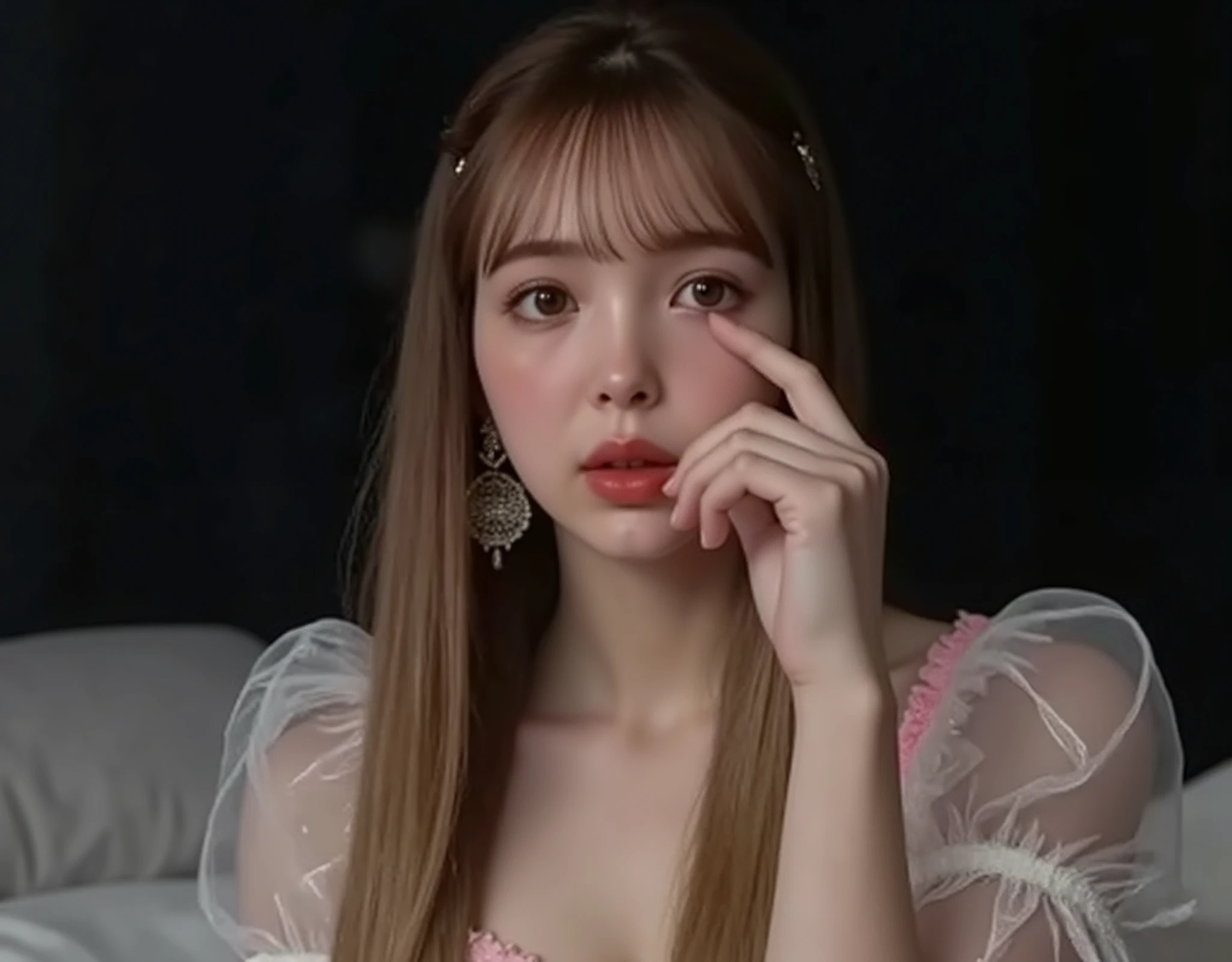 (mature adult woman wears a1By people),beautiful hair,With bangs,long hair, realistic person images in dark waters,Realism,Best Quality,mastepeice,Top Quality,best quality,highest resolution from vagina,fine details,Beautiful detailed face,((((Lower your eyelids笑顔になる)))),((realistic skin quality)),((Wear)),detailed background,( accurate body),(perfect body),(((upper body))),((Realismのある肌)),((super big )),((large breasts)),(((lingerie in a private room))),((( in a dark room))),(((wear sexy lingerie))),((On a bed in a dark room)),(((Lower your eyelids)),(((Selfie photos))),