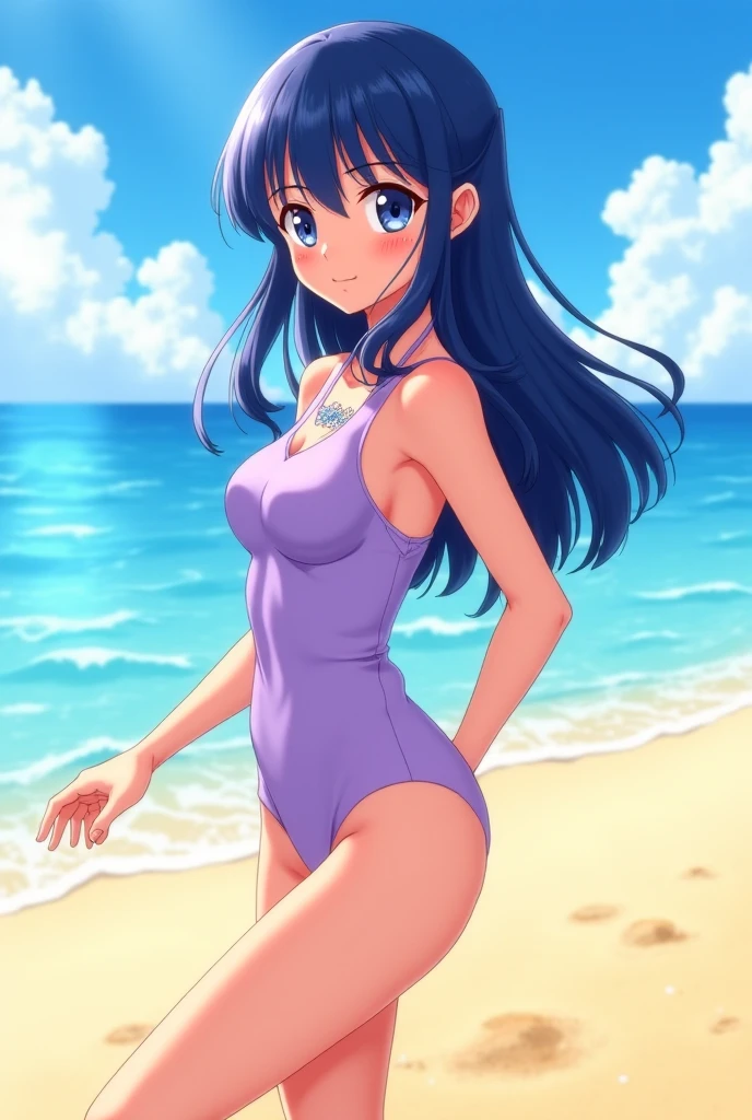 (anime artwork, anime style, studio anime, very detailed, up to date, vibrant, Anime Coloring, high contrast, masterpiece:1.2, best quality, best aesthetics),2 girl,hug from behind,bikini, Medium chest, A glimpse of thighs,random hair, One eye is hidden by the bangs, perfect proportions, high detail skin, Cute, detailed faces,beach, precise fingers,curvy,swim suits crowd, dark skin,cocoa skin, swim suit tanned,full body
