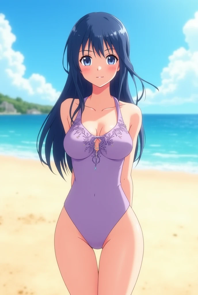 Random patterned swimsuit、Swimsuit,,Blushing、Pale brown eyes、Dark purple hair、Semi-long hair、Head to toe full body、Blushing、Embarrassed look、Composition from the front、A view from slightly below、school swimwear、Acme Face、Random pose、, 、nsfw、Highest quality、1 girl、solo、Ocean、Sandy Beach、Sexy pose、Random pose、Blushing、wet、Embarrassed、I can see half of my 、、One piece swimsuit、(Strap slip:1.3)、Swimsuit