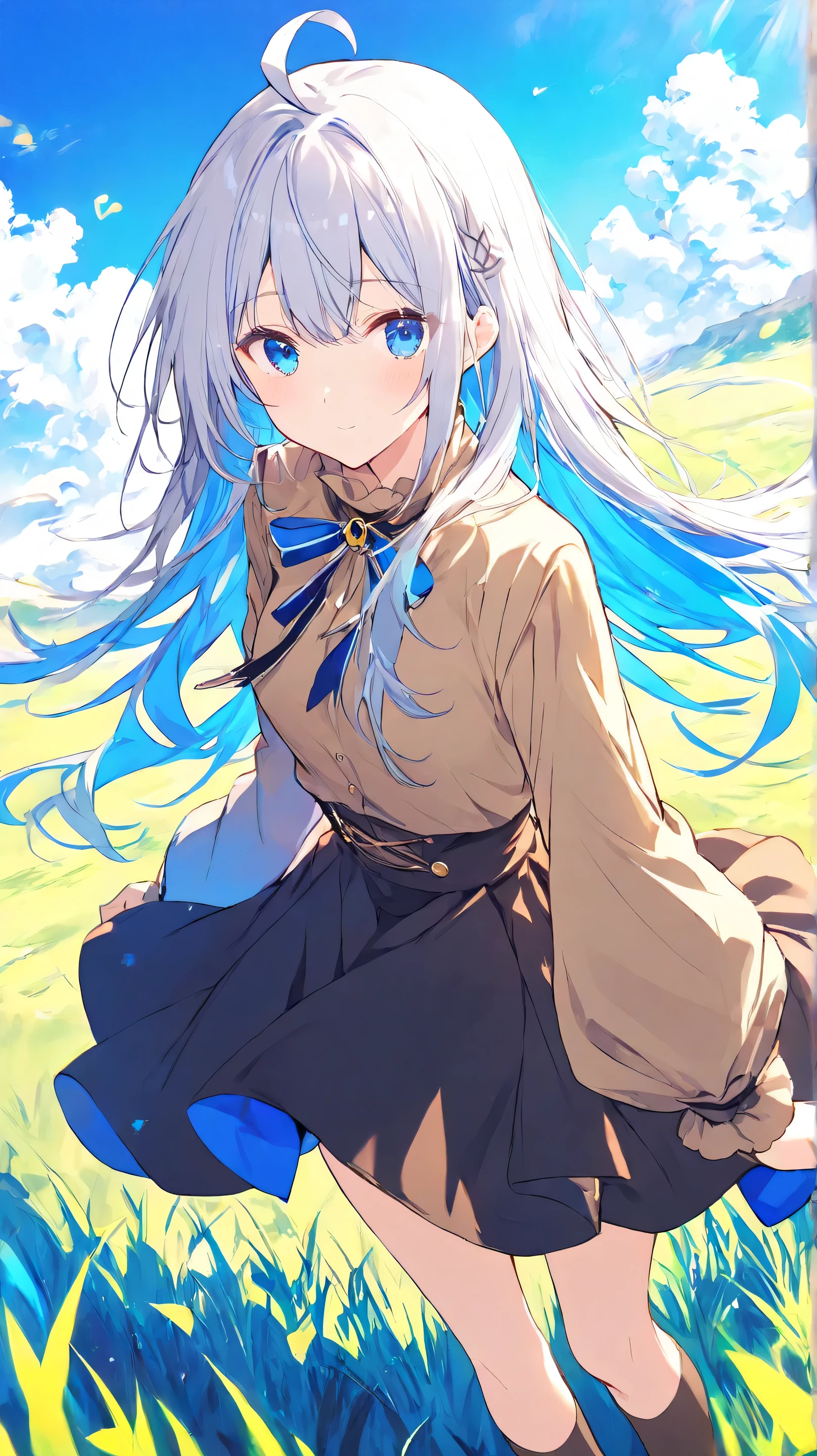 High Resolution, saturated color, very detailed, masterpiece, best quality, 1girl, cute girl, Long Hair, grey hair, bangs hair, ahoge hair, straight hair, beautiful blue eyes, gradient grey and blue hair, deep blue eyes, brown shirt, brown witch cloack, black long socks, short black skirt, , Looking at viewer, standing at grass field, blue day sky, Columbus clouds