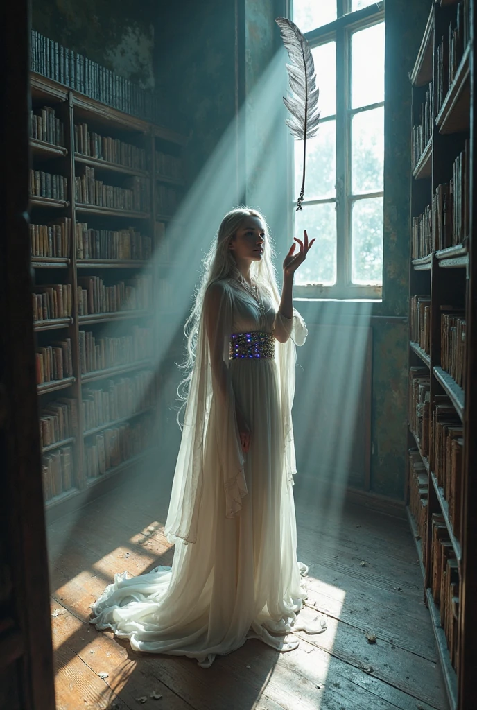 ((best quality)) ((masterpiece)) ((very detailed)) a beautiful adult woman is in a library, she is totally naked, her whole body is exposed, she is wearing glasses, her hair is long and silver, she is slender, her breasts are gigantic, her ass is big and round, the woman is extremely sexy, seductive, very sensual, we see her from the front taking an old book from the shelf with her left hand, (view from below) the shelves are huge and full of very old books, old library, lots of shadows, dark environment, there are many books spread out on the floor, full body, ((full body)).