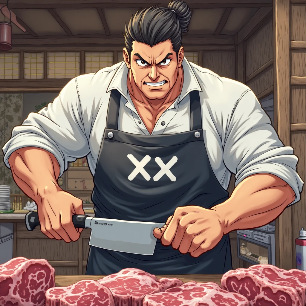 tropical enviroment, realistic detailed butcher, 1 male, detailed facial features, realistic skin texture, detailed clothing, apron, holding meat cleaver, meat hanging in the background, blood stains, dimly lit environment, dramatic lighting, gritty, dark, cinematic, muted colors, moody atmosphere