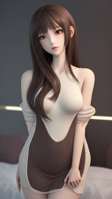 1 girl, solo, most beautiful artwork photo in the world, complex, high detail, sharp focus, dramatic, {{{very short torso}}}, very short torso, very long legs, {{{very large breasts}}}, thin waist, small buttocks, {{{{cleavage}}}, collarbone, white skin, light brown hair, look at the viewer, expressionless, waistshot, 25 years old, sleeveless、{{{white tube micro mini dress}}}、{{{Notched lapel collar}}}、white choker on neck