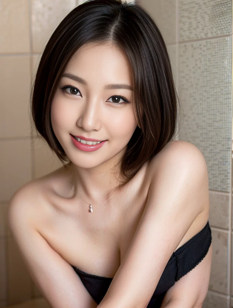 (Woman in her early 20s, Short black hair, A cheerful, bouncy smile), Luxury,Warm, subdued lighting, Large Breasts