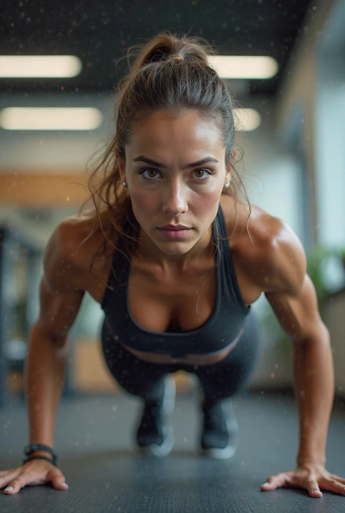 1 girl, ripped, strong, thin gold necklace, white sports bra, black shorts, doing push-ups, gym, seductive eyes, ponytail 