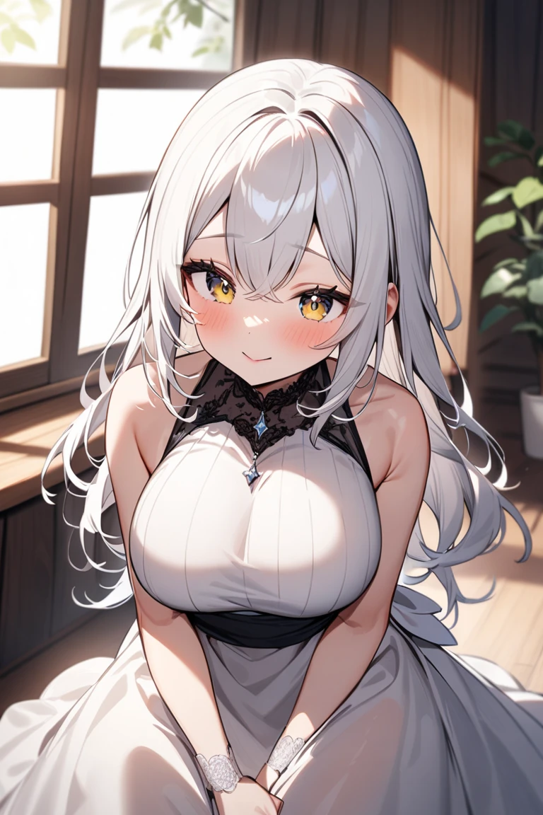 1girl, solo, looking at viewer, half open eyes, detailed eyes, smile, bangs, blue eyes, breasts, dress, bow, twintails, white hair, short sleeves, hair bow, puffy sleeves, black dress, black bow, drill hair, twin drills, cleavage, upperbody, close up,