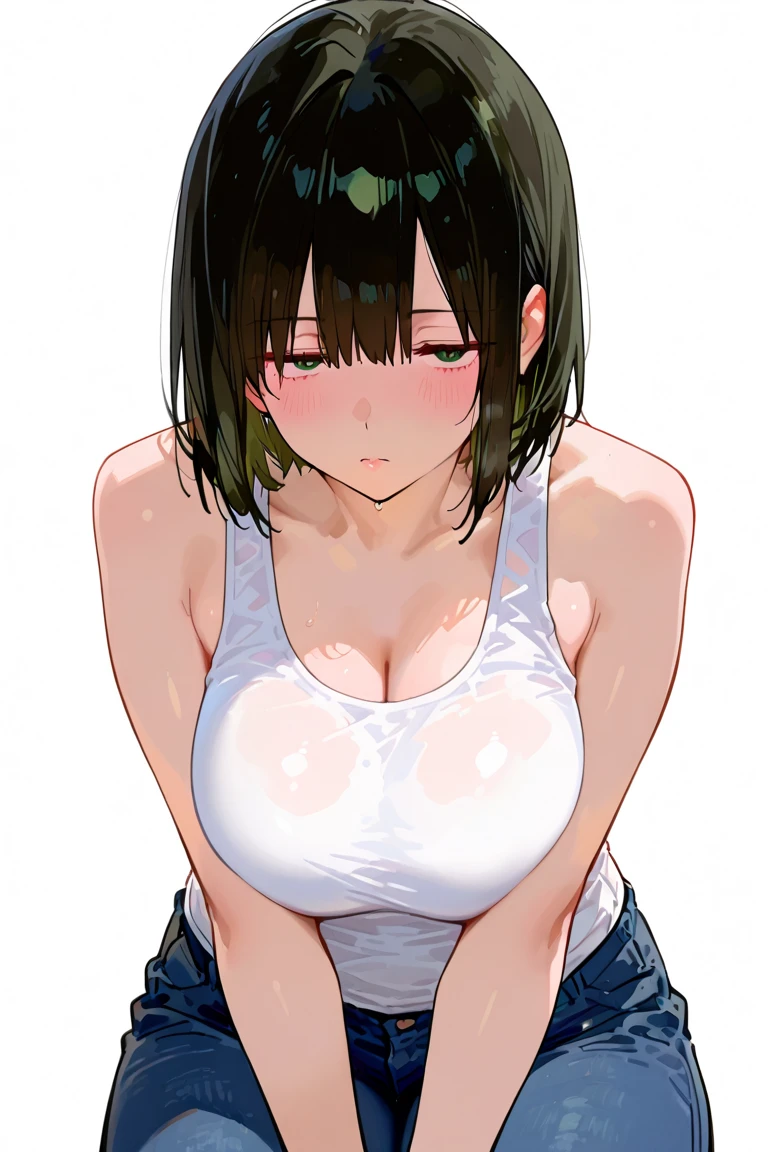 (highest quality), (Super detailed), (Best Illustration), (beauty), (front), Upper body, (from below),(Transparent plain white T-shirt),(((underboob))), (big breasts), embarrassing, cheeks are red, short hair, black hair, straight, brown eyes, slightly droopy eyes, white background,