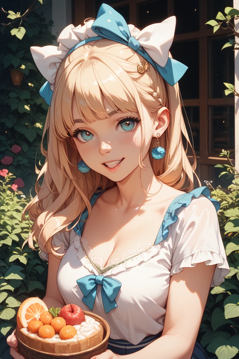 (masterpiece、highest quality、highest quality、Official Art、Beautiful and beautiful:1.2)、(One girl:1.3)Hatsune Miku、Twin tails,Big Breasts,Emily Sears ultra-realistic close-up photo, A blue peasant blouse with a blue skirt and fringe accessories. She wears a long headband or a flower crown, Flowing Hair. The stage is、Bohemian outdoor music festival and peaceful nature background, 60s Retro 69 Punch 75 captures the free-spirited, laid-back atmosphere of the era, Beautiful woman, skinny, Large Breasts, Straight blonde hair, Detailed face, smile, To the camera, Photo taken from a distance, 20-year-old,