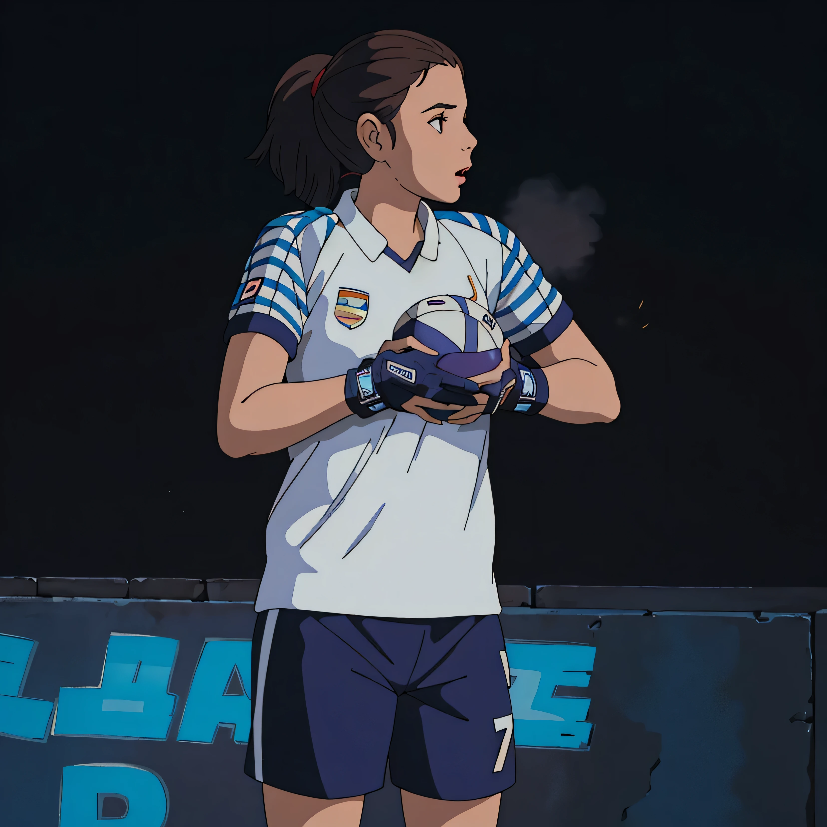 there is a female soccer player standing on the field, simona sbaffi is the captain, sanja stikovic, rinat voligamsi, svetlana tigai, magdalena radziej, malika favre, mina petrovic, valentina remenar, barbara canepa, viktoria gavrilenko, caroline gariba, laura savaghibli style, ((masterpiece)),((best quality)),(detailed),Illustration,8k,colorful, high contrast