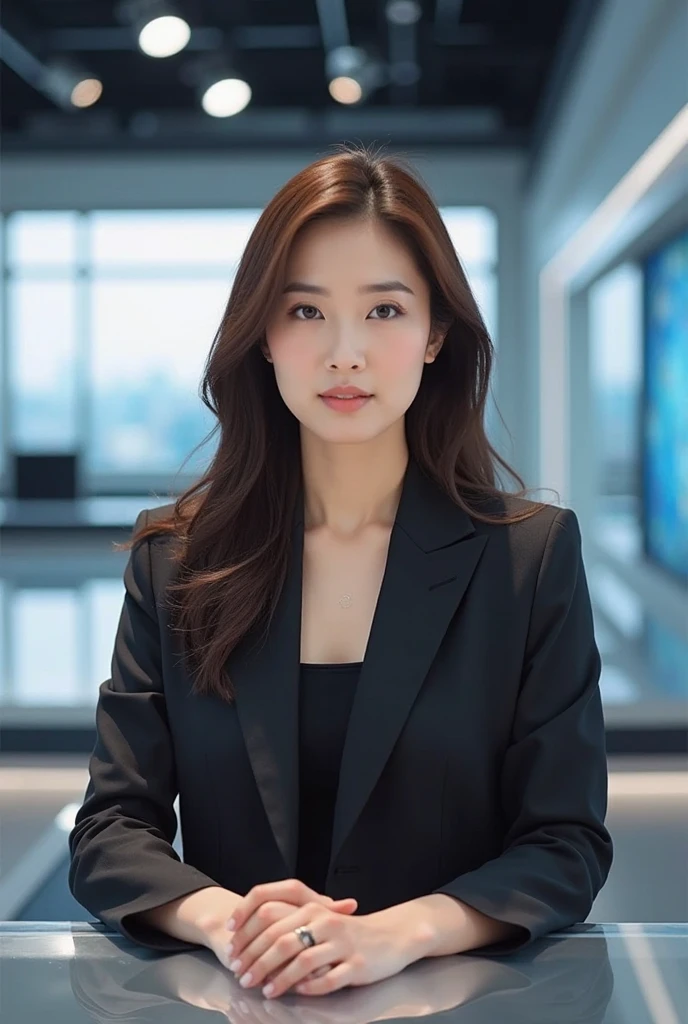 masterpiece,highest quality, (1 mature woman、42 years old), Grey blazer, White shirt, double eyelid, eyelash, Lip gloss, (smile:1), ((近い your eyes:0.85)), ((Looking at the audience、The whole body is reflected、Are standing)), to be born, (From above:0.2), ((no one)),Written boundary depth、尖ったRed Mouth、(Short black hair),Red Mouth,clavicle、Full body portrait、 (Photorealistic:1.3),(RAW Photos）、（Film festival venue：1.2）、On the red carpet、（Being interviewed：1.1）、Illuminated、Cinematic lighting）
