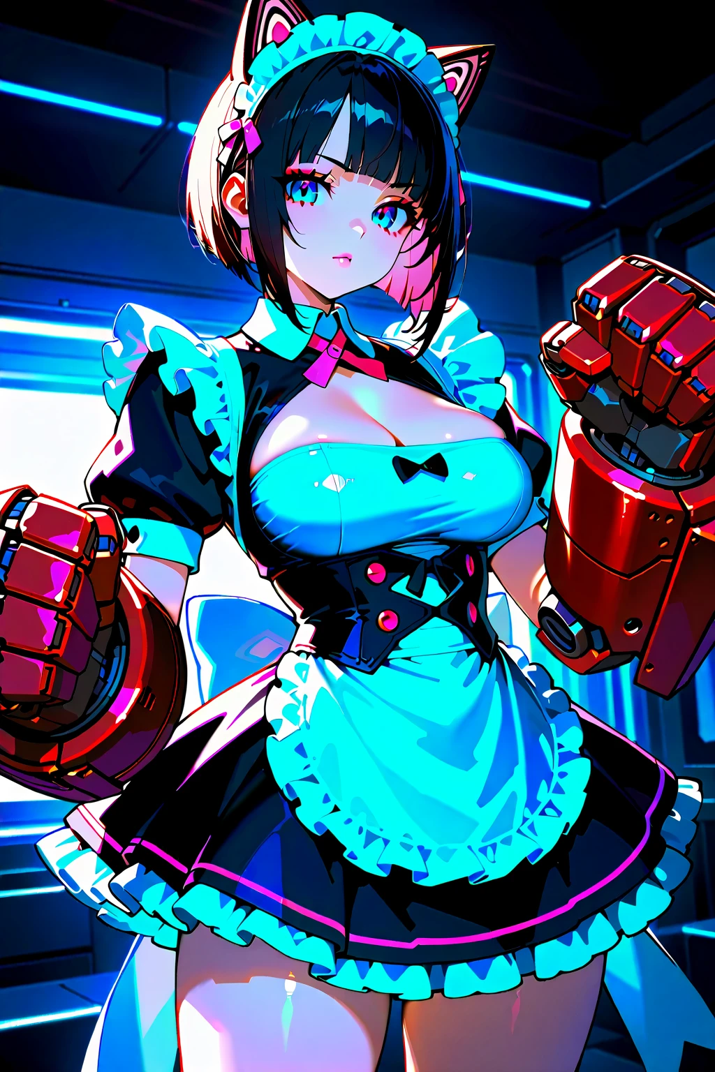 super fine illustration, vibrant colors, absurdres extremely detailed CG, 8k wallpaper, glare, Hong Kong backstreet, night, (upper kick), BROWN EYES SHORT HAIR BROWN HAIR DOUBLE BUN BUN COVER BLUE DRESS PELVIC CURTAIN SPIKED BRACELET SASH BROWN PANTYHOSE,