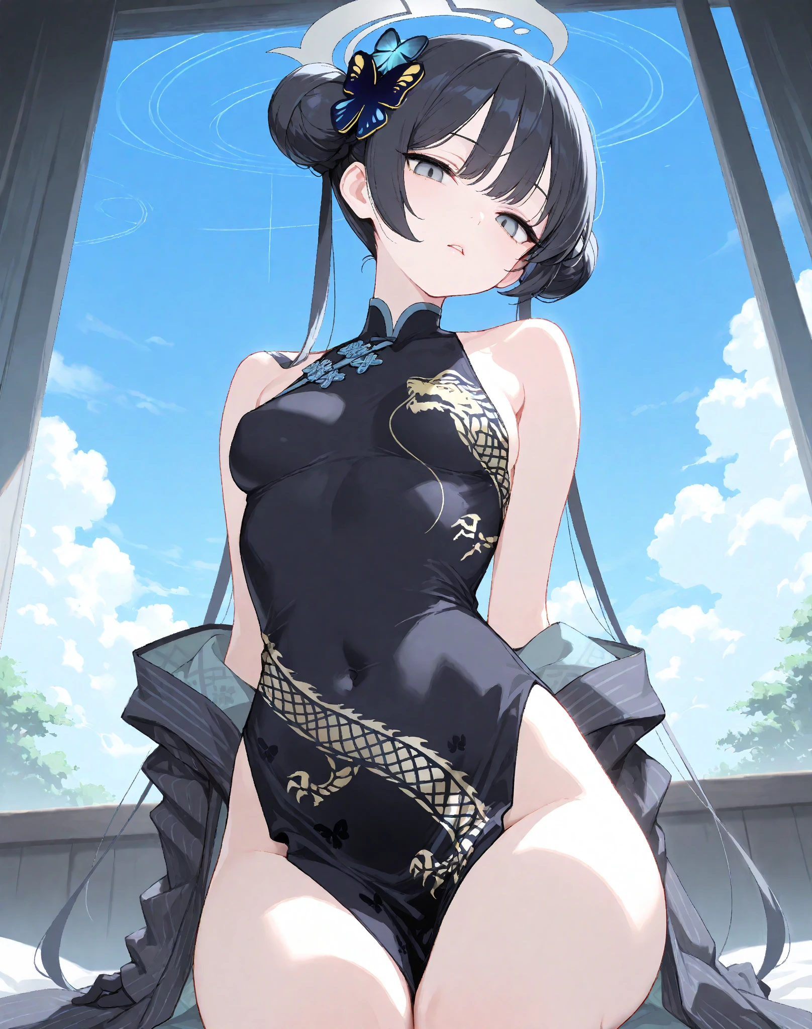 (pov kimono style swimsuit) (beautiful body), (solo:2, 15 yo, blunt bangs:1.3 black hair long hair sexy shrine girl, sexy closed eyes, happy smile), (in a japanese modern:1.3 shrine:1.2 beautiful one piece swimsuit, wabisabi:1.3, white and red, Fundosi:1.2), break, in the Swimsuit contest venue, background Double Exposure beautiful ocean, BREAK, perfect anatomy, masterpiece, best quality, 16k, beautiful detailed love, sexy, daydreaming expression.