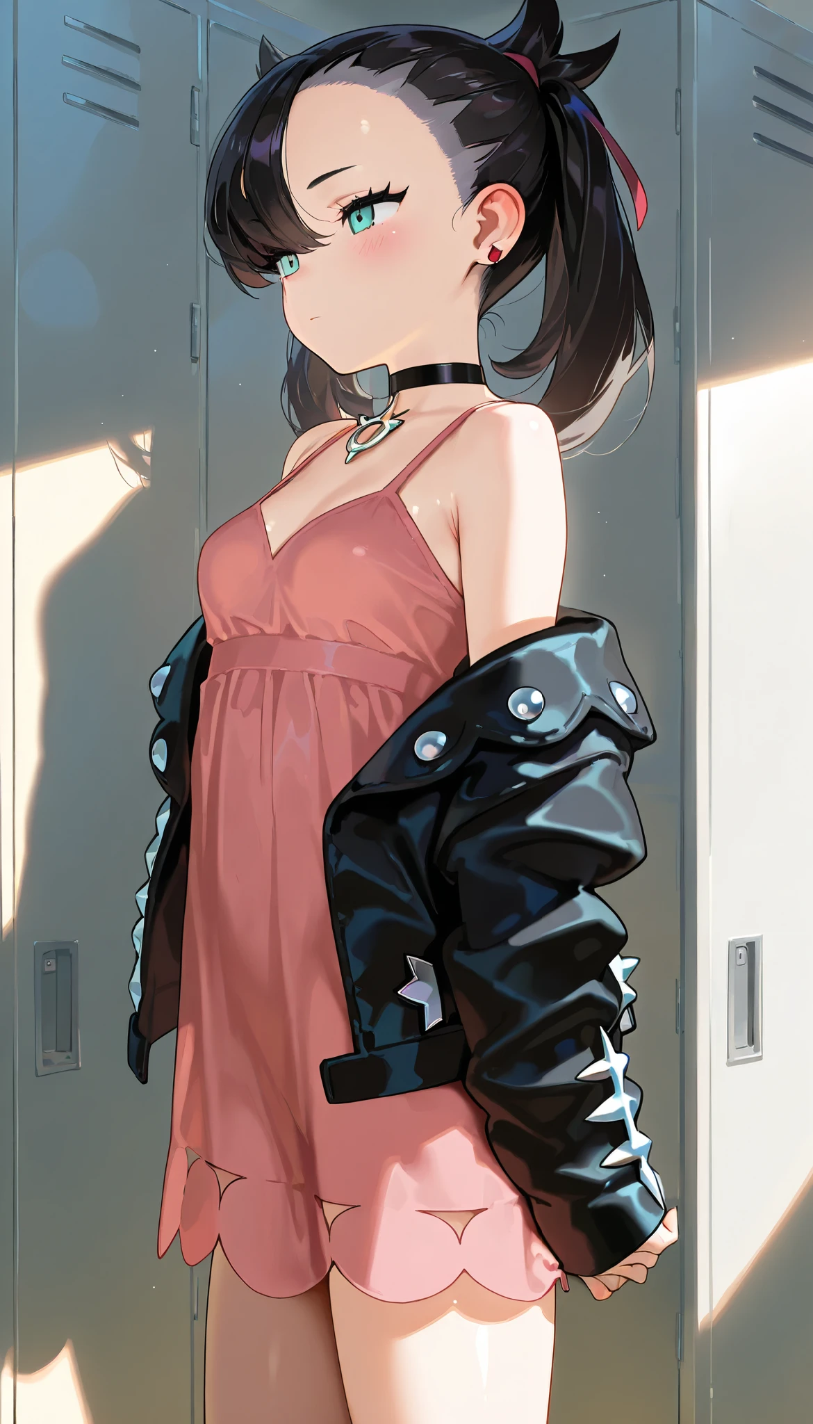 high resolution picture, masterpiece, best quality, amazing quality, solo, 1girl,marnie,expressionless,small breasts,shiny skin,clothes, black choker, black jacket, choker, dress, earrings, jacket, jewelry, long sleeves, open clothes, pink dress,blush,locker room,undressing jacket