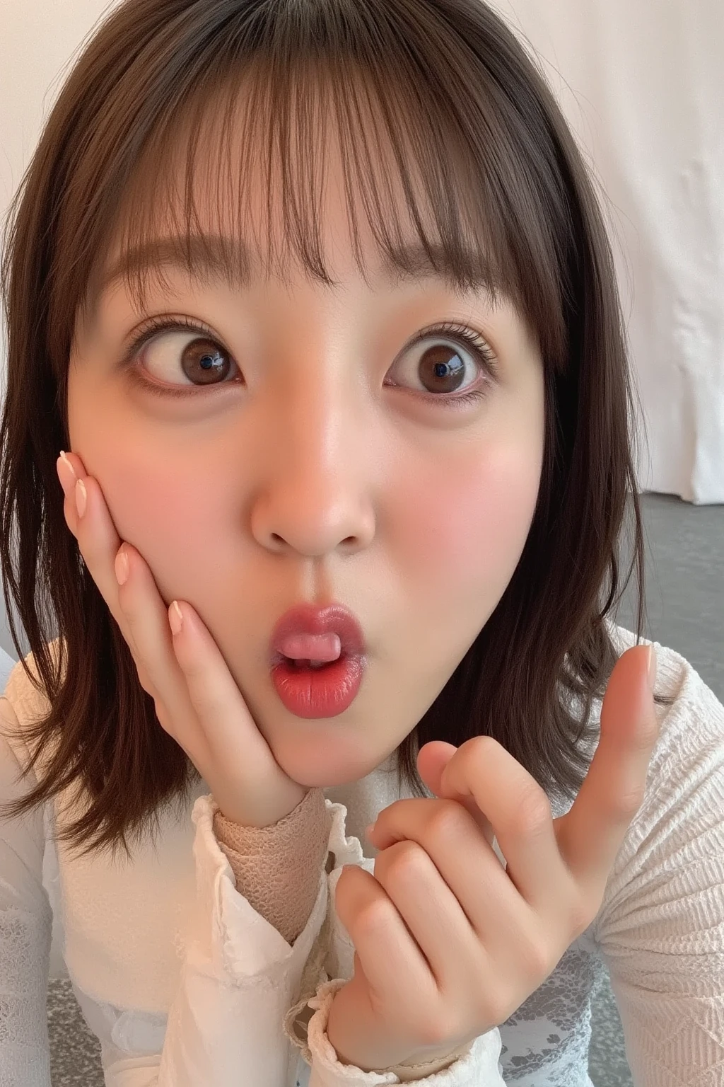 Highest quality、masterpiece、8k、Very detailed、Realistic、Eyes closed、Mouth open and tongue out、I'm climaxing、whole body、Black Hair、Short Hair、Small face、Slender、Saggy big breasts、Thin and beautiful legs、narrow and constricted waist,、Completely naked、Lying on one's back on the bed、legs spread wide apart、Having sex in the missionary position、whole bodyが汗まみれ、A pussy with a dick in it、Angle of sexual intercourse