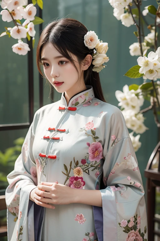 arafed woman holding a embroidery with a picture of a plant, traditional art, mid shot portrait, classic portrait, high quality portrait, cheongsam, traditional beauty, nivanh chanthara, fanart, 1614572159, batik, ao dai, with an elegant smile, charming smile, a young asian woman