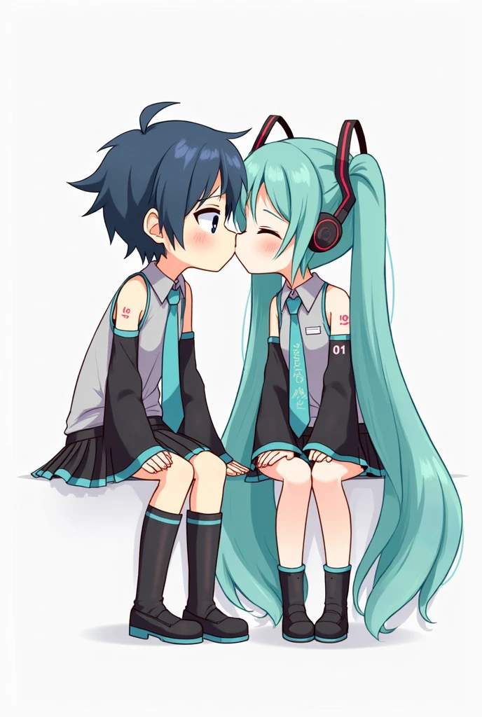 Anime art, anime style, detailed drawing, white background, high definition, high quality, one girl, solo, Hatsune Miku, aqua hair, twin tails, head ornament, headphones, number tattoo "01" (red, located on her left hand), grey sleeveless collared shirt, black detached sleeves with aqua lines, five fingers with aqua nails, aqua necktie, black pleated mini skirt with aqua lines, zettai ryouiki, thigh-high black boots with aqua lines.
A black haired highschool anime boy looking at Miku Hatsune on the left; Miku Hatsune sits beside him