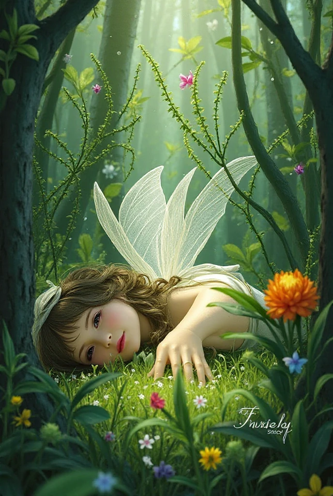 A fairy sleeping in a tree 
