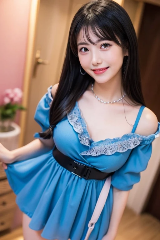 Beautiful eyelashes、High resolutionの顔、Dresses with decoration、Please wear a knee-length skirt、Zoom out、Night view、22 years old、Knee-length viewing angle、Blue Dress Stay Piece, highest quality, figure, Super detailed, In detail, High resolution, 8k wallpaper, Beautiful fine details, Random cute hairstyles, c cup breasts, Natural color lip