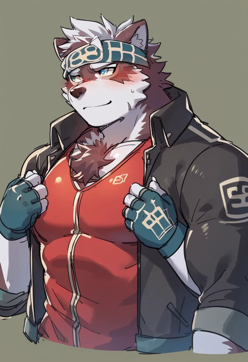 ((Best quality, masterpiece, detailed anatomy, detailed eyes, detailed hands, perfect lighting, perfect shading.)), by Buta99, by Zackary911, 1male, Wolf, brown furs, tight body, dark brown eyes, skinny body, young body, blue windbreaker, white underwear, at the white background 