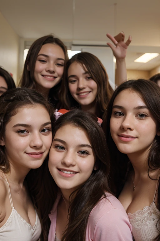3 girls, 18 year olds, one brunette hair, only one blonde hair. Pink birthday party, cleavage, white girls, high quality, eating delicious food, selfie